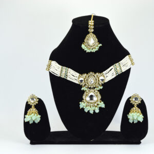 Regal Kundan Polki Choker Set with Mint Green Drops and Multi-Strand Pearls