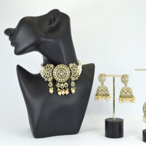 Regal Antique Kundan Polki Choker Set with Peach Pearl Drops, Jhumka Earrings & Maang Tikka