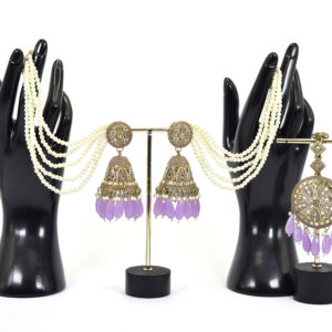 Antique Gold Kundan Jhumka, Maang Tikka & Pearl Sahara Set with Lavender Drops