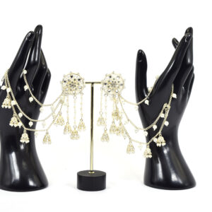 Elegant Kundan Filigree Chandelier Earrings with Tassel Jhumkis and Pearl Chains